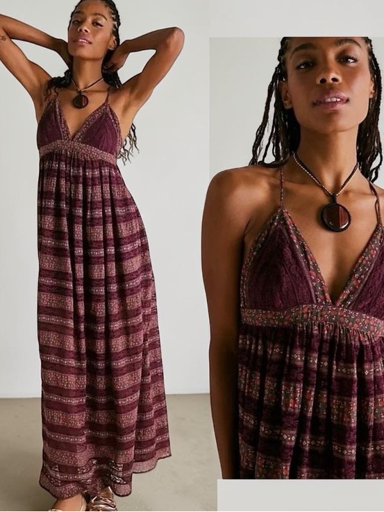 Free People Lotus Boho Maxi Dress With Plunge Neckline 100% Cotton Size S